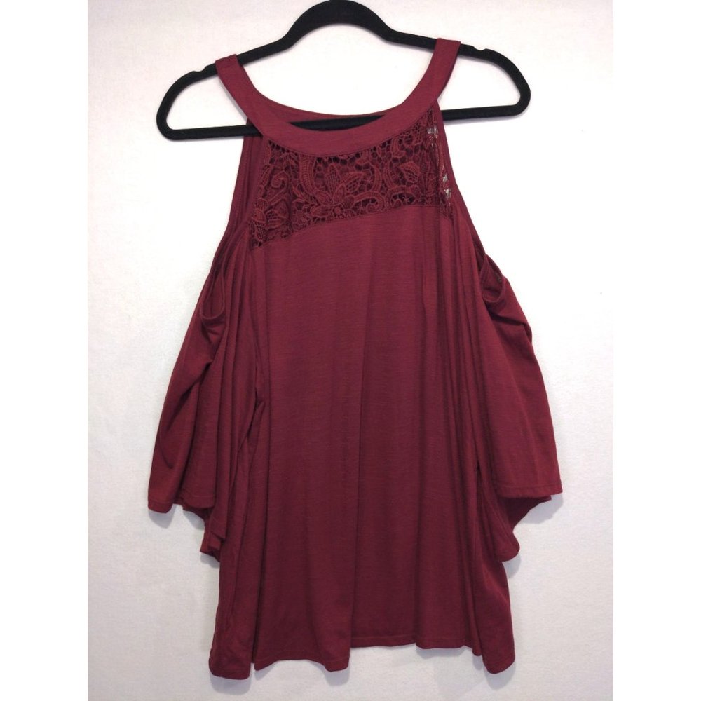 TORRID Women's Cold Shoulder Blouse Lace High Neck Boho Flowy Burgandy Size 2